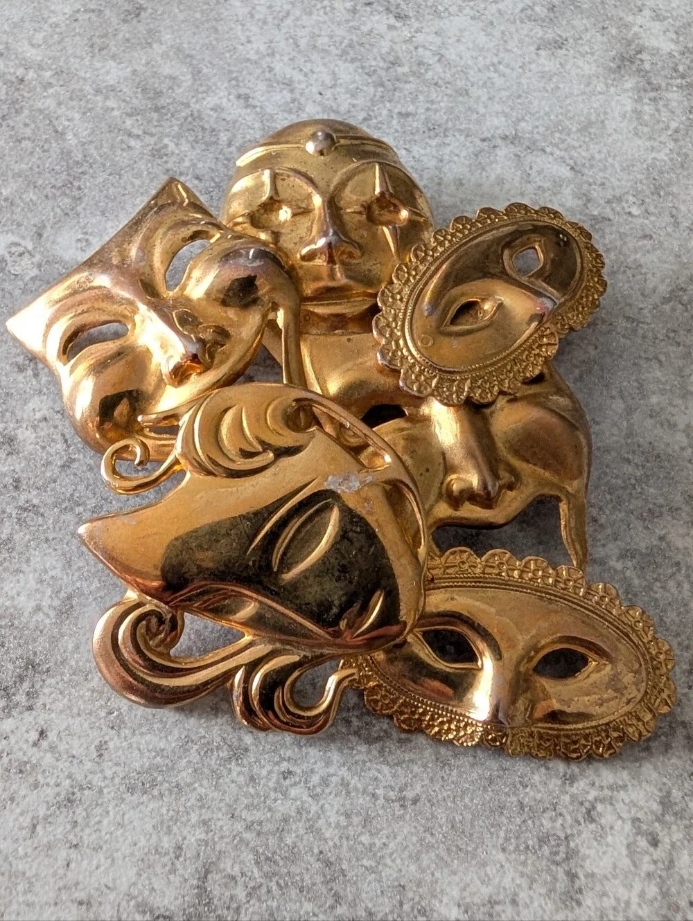 Gold Tone Theatrical Mask Cluster Brooch